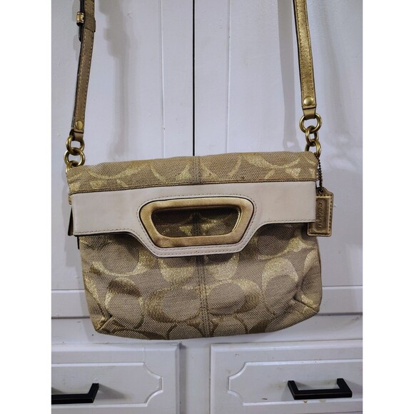 Coach Handbags - Coach Signature Metallic Gold Canvas Leather Trim FoldoverCrossbody Bag